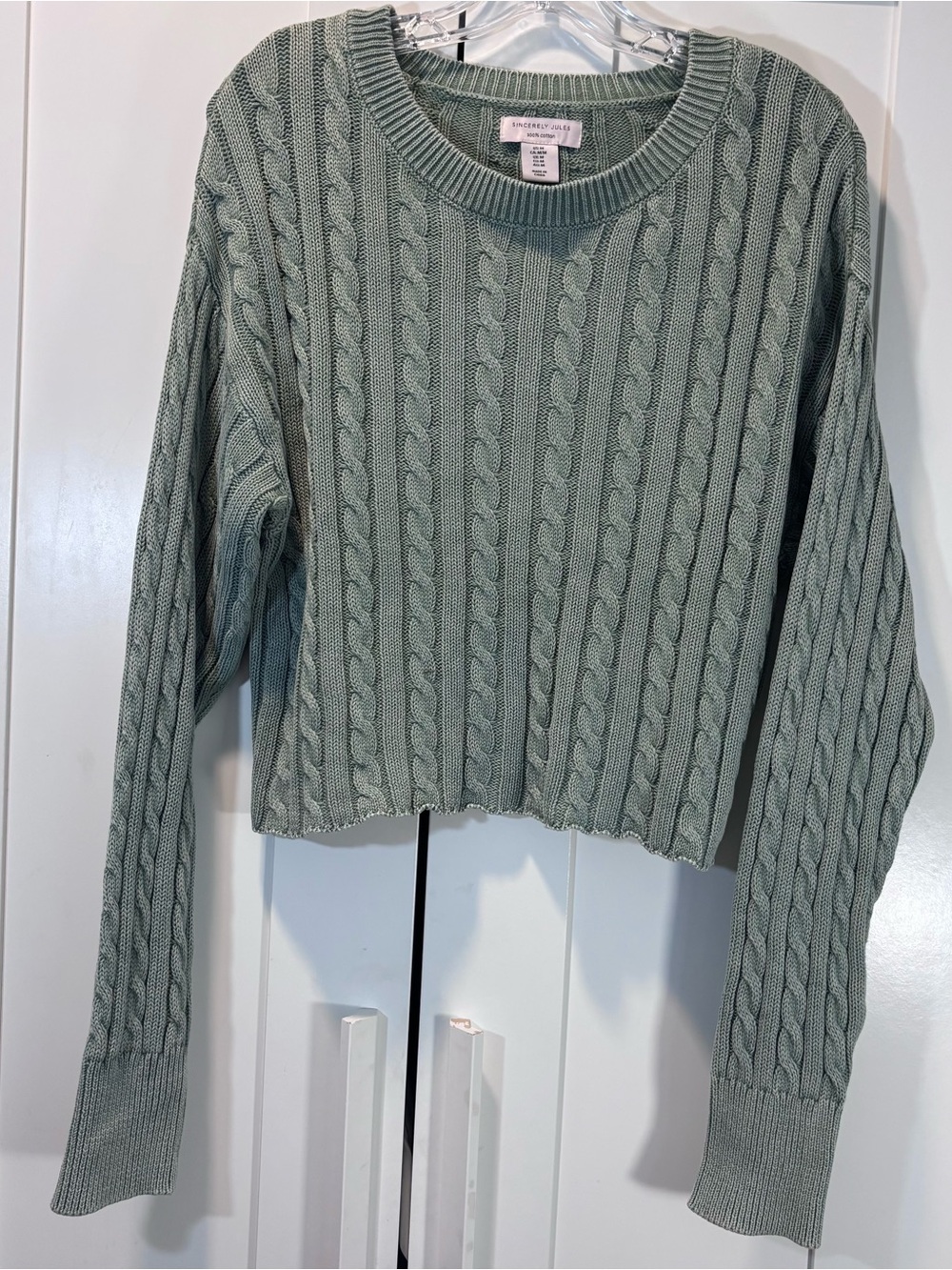 Sincerely Jules 100% Cotton Cable Knit Cropped Raw Hem M Sweater Sage Green
